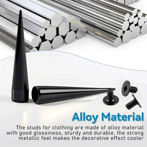 40 Sets Spikes and Studs Kit 7x40mm Cone Rivets With Punch Tool For Clothes showcasing black alloy material spike and rivet