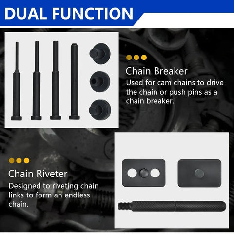 Image shows a dual function chain breaker and riveter from the Ultimate 13 Piece Motorcycle Chain Breaker Set With Rivet Tool Kit For Motorcycles ATVs Dirt Bikes And Bicycles, Fits Chains From 25 To 630 Links, Includes Chain Splitter, Riveting Punch, And Cam Compatible Tools For Easy Field Repairs