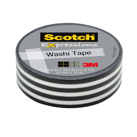 Black Stripe Washi Craft Tape, 6-Roll Pack, 0.59 in x 393 in, decorative adhesive paper tape spool with black and white stripes