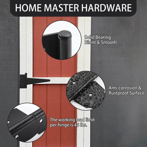 Wood Gate Hardware Set Heavy Duty 6 Inch Tee Hinge And Pull Kit with black finish on red fence door
