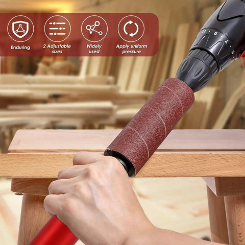 FALESOUL spindle sander adapter on a power drill; hand-held rubber sanding drum with red abrasive sleeve