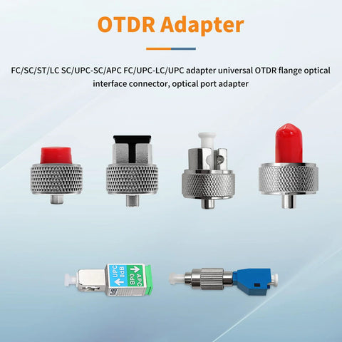 OTDR fiber optic adapter set with six connectors: FC/UPC, SC, ST, LC, FC/UPC-LC/UPC, SC/UPC-APC; knurled metal housings.
