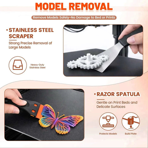 Ultimate All In One 50 Piece 3D Printer Tool Kit with stainless steel scraper and razor spatula for model removal.