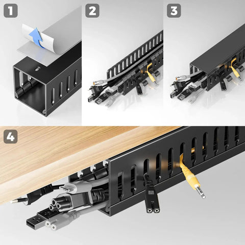 62.8 Inch Cable Raceway Kit for Under Desk Cable Management shown in 4 steps with PVC channel and cable installation under desk