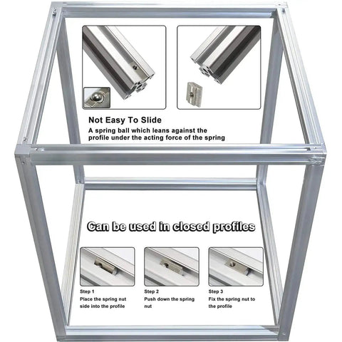 Drop In T Nut Set For Aluminum Extrusion 20 Pcs M6 Thread Spring Nuts installation diagram in 20 series frame with instructions