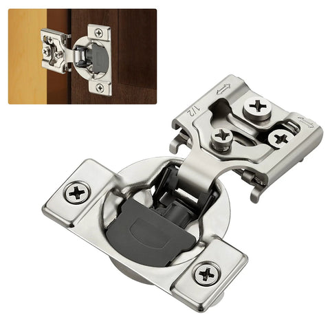 Home Expert concealed cabinet hinge with mounting plate, satin nickel finish, 1/2 inch overlay, soft-close.