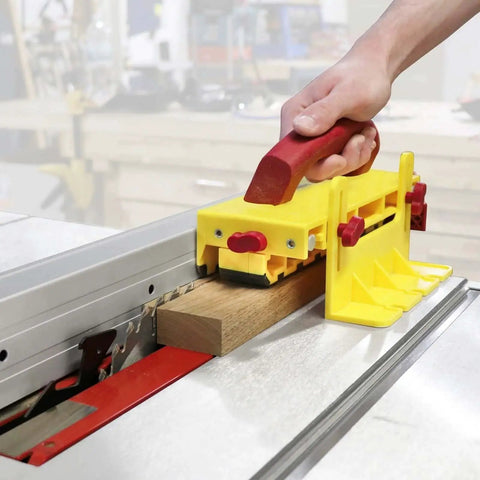 GrabberPRO Push Block For Table Saws, Router Tables, Band Saws, And Jointers With Kickback Reduction And Superior Control, Fully Adjustable Interchangeable Legs In 1in, 1/2in, 1/4in, 1/8in By Milescraft in use with wood.
