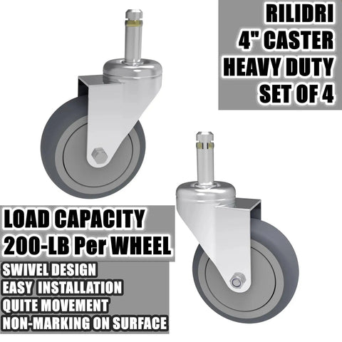 Swivel Stem Caster Set Four Inch Wheel With Seven Sixteenth Inch Stem Diameter Heavy Duty 200 Lb Load Per Caster TPR Rubber