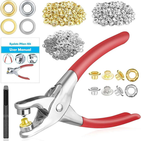 Eyelet pliers kit with red handle, assorted eyelets, user manual, and pen tool