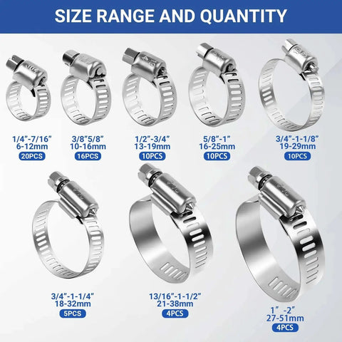 Image showing Premium SMLCON 85Pcs 304 Stainless Steel Hose Clamps Set with adjustable sizes 0.25 to 2 inches, 6-51mm range.