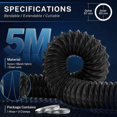 Beefy Heavy Duty Nylon Duct Hose 3 Inch By 16 Foot Flexible Venting For Diesel Heaters And More with clamps, black