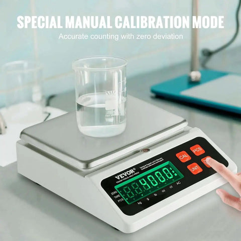 Industrial Counting Scale for Parts and Coins With 10 Kg Capacity, LED display, stainless steel pan, laboratory setting.