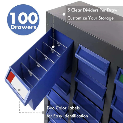 Heavy Duty 100 Drawer Parts Storage Cabinet With Alloy Steel Frame And Thick ABS Drawers For Nuts And Bolts Anti Slip Stops Garage Organizer For Small Parts Built Tough And Easy To Grab, close-up of open drawer showing dividers and labels.