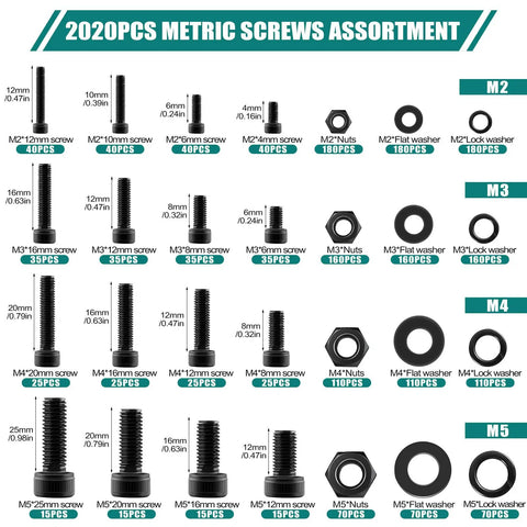 2020pcs metric screws assortment with M2, M3, M4, M5 hex socket screws, nuts, bolts, washers for machinery, furniture, DIY projects.