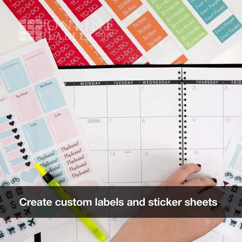 Hand placing template on planner with Printable White Matte Sticker Paper for Inkjet and Laser Printers, 10 Sheets 8.5 by 11 Full Sheet