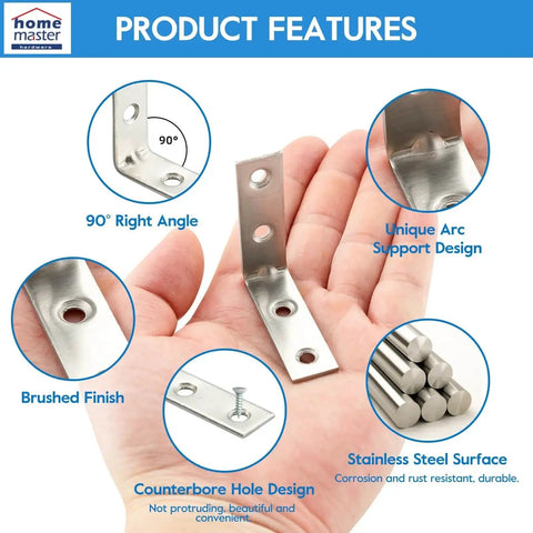 Hand holding 40 Piece Stainless Steel L Bracket Corner Brace Set With Screws For Shelves And Wood Furniture Frames, 90-degree angle feature