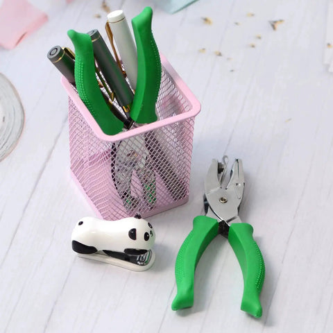 Two Pack Grab-and-Go Handheld Circle Hole Puncher Set 1/4 And 1/8 Inch with portable tools and panda stapler on desk