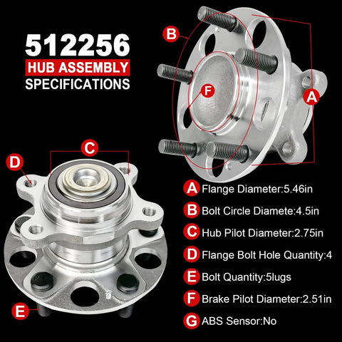 Rear Wheel Bearing Hub Assembly 512256 Direct Fit For Acura CSX 2006-2011 And Honda Civic 2006-2011 5 lug specifications diagram.