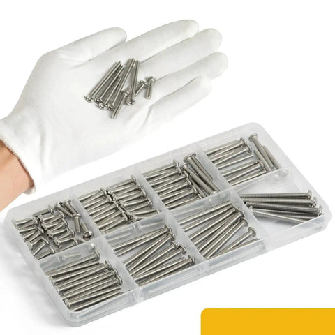 Person holding stainless steel screws from 120Pcs 8-32 Phillips Pan Head Screws Set In 304 Stainless Steel Pro Grade Kit