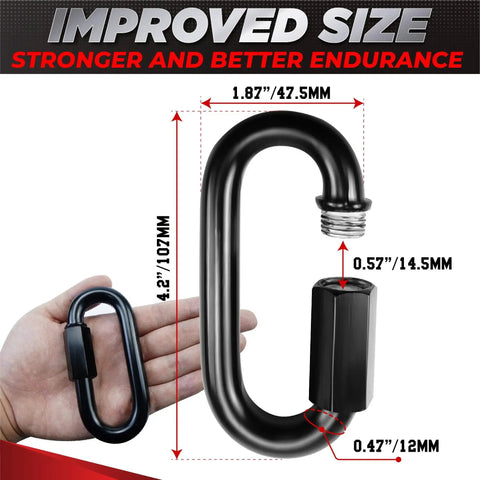 Heavy Duty Chain Quick Links 4.2 Inch 2 Pack, 2500 LBS Weight Capacity, Anti Rust High Strength Connector, dimensions and hand comparison