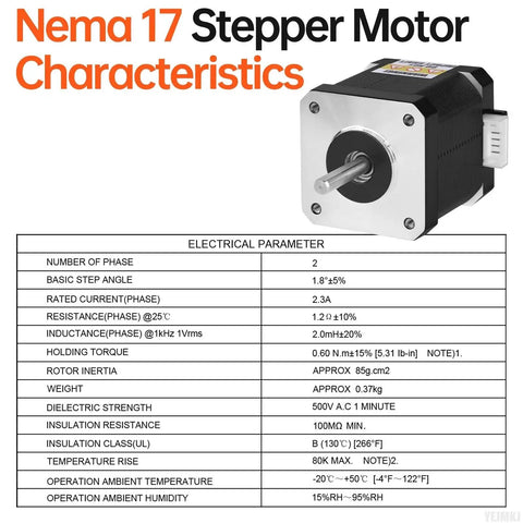 Electrical specifications of Dope Nema 17 Stepper Motor Pack 3 Pack YEJMKJ with image of motor and characteristics chart.