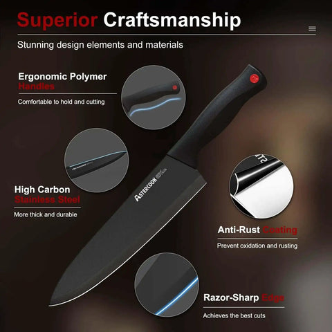 Close-up of 15 Piece Kitchen Knife Set With Built In Sharpener Block German Stainless Steel Blades showcasing polymer handle and sharp edge