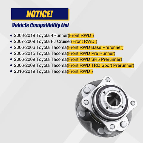 Front Wheel Bearing And Hub Assembly 950 004 Fits 2003 2019 Toyota 4Runner 2007 2009 FJ Cruiser 2005 2019 Tacoma 6 Lug With ABS