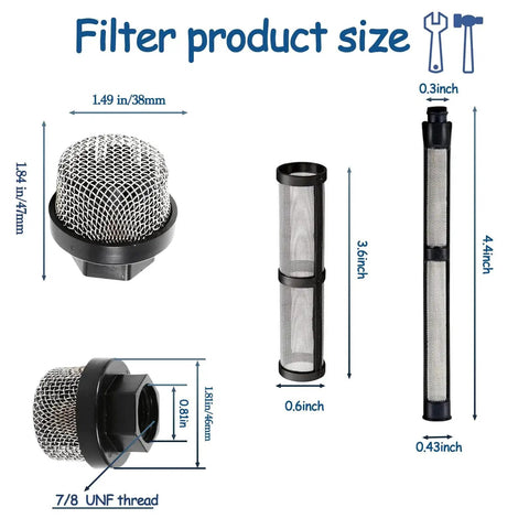 Airless spray filter set for Graco sprayers: mesh dome filter, cylindrical screen, and long tubular filter with 7/8 UNF thread