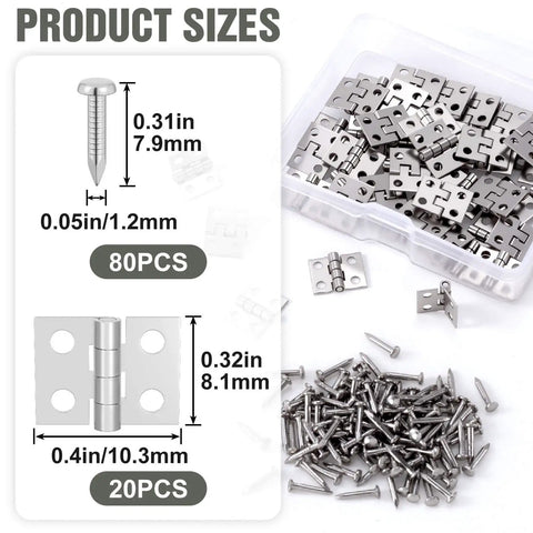 Miniature Jewelry Box Hinges for Crafts 20 Sets Metal Butt Hinges 10.3x8.1mm with Screws shown in packaging and dimensions