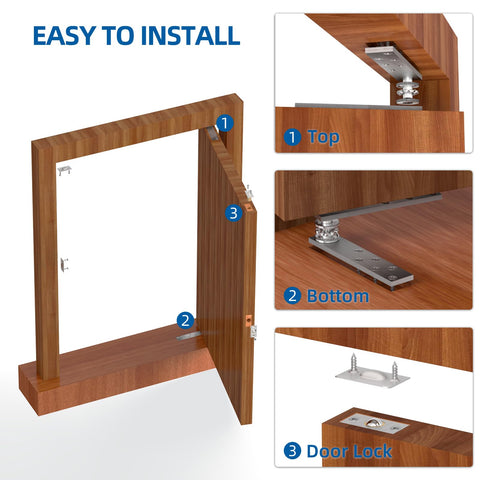 Illustration showing installation of Hidden Door Pivot Hinges Stainless Steel Heavy Duty Hinge Kit for wood and secret doors.