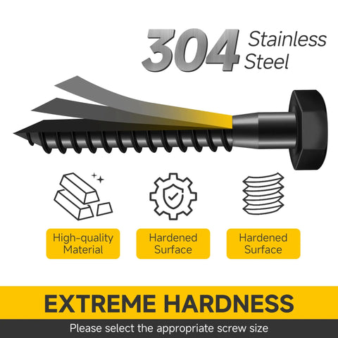 Illustration of a 304 stainless steel lag bolt highlighting high-quality material and hardened surface attributes.
