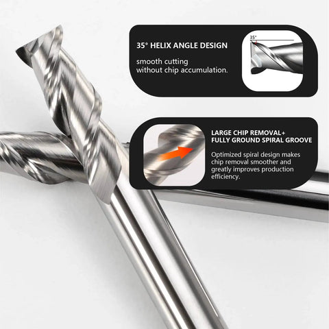 Two carbide square nose end mills showing 35-degree helix angle and chip removal design. Part of Three Piece Three Thirty Second Inch Two Flute Carbide Square Nose End Mill Set For Aluminum Copper And Alloys Uncoated Milling Bits For Finishing Semi Finishing Side Milling And Slotting.