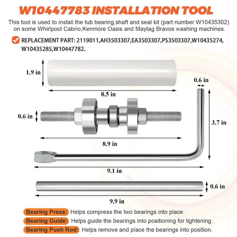 Washer Tub Bearing Installation And Removal Tool For Whirlpool Cabrio Maytag Bravos XL And Kenmore Elite Top Load Washers features detailed dimensions and components.
