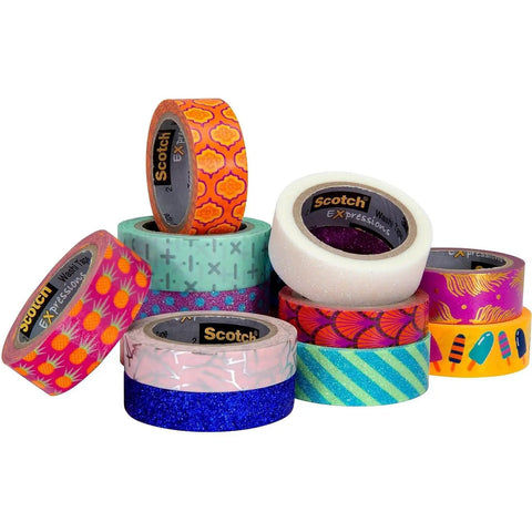 Variety of decorative washi tapes including Expressions Washi Tape Blue, Repositionable on Most Surfaces, 0.59 In Wide, for creative projects.
