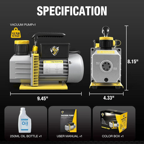 Workhorse 4 CFM 110V One Third HP A2L Single Stage Rotary Vane Vacuum Pump with oil bottle, shown with specifications.