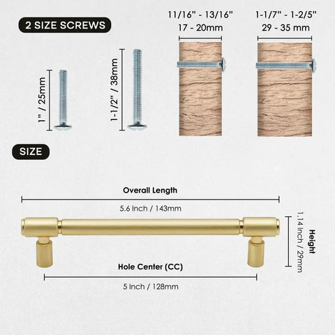 Diagram showing 10 Pack Brushed Gold Cabinet Pulls 5 Inch Hole Center 128mm Brushed Brass Handles with 2 sets mounting screws