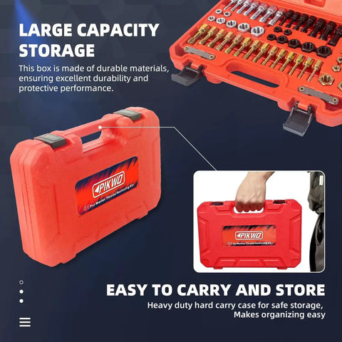 61 Piece Thread Chaser Repair Kit Rethread Tools with UNC UNF and Metric Thread Restorers and Pitch Gauge in red case