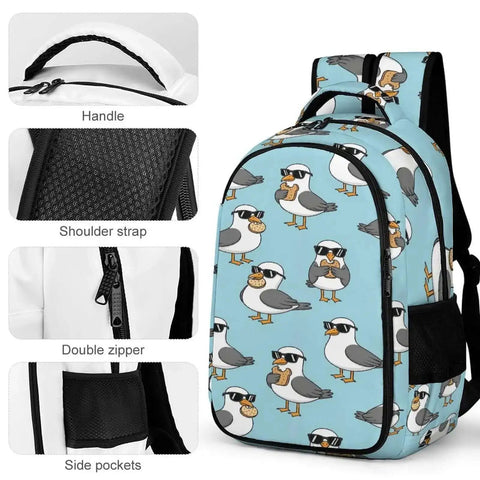 Cool Seagulls Design Travel Laptop Backpack with large capacity, waterproof material, front opening, and roomy compartments.