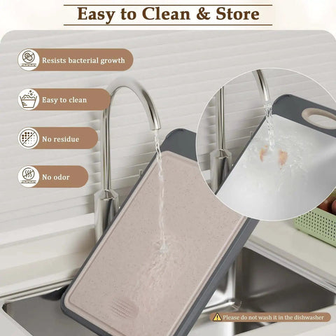 2 In 1 Stainless Steel And Wheat Straw Cutting Board For Kitchen shown being cleaned under the faucet, highlighting easy to clean features.