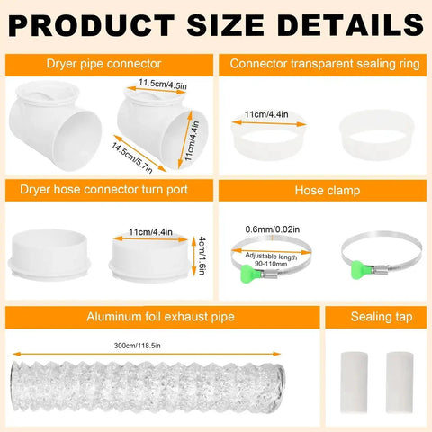 Flexible 4 Inch Dryer Vent Hose Kit with Double 90 Degree Elbow and 9.84 Ft Aluminum Exhaust Hose details showing components and sizes.