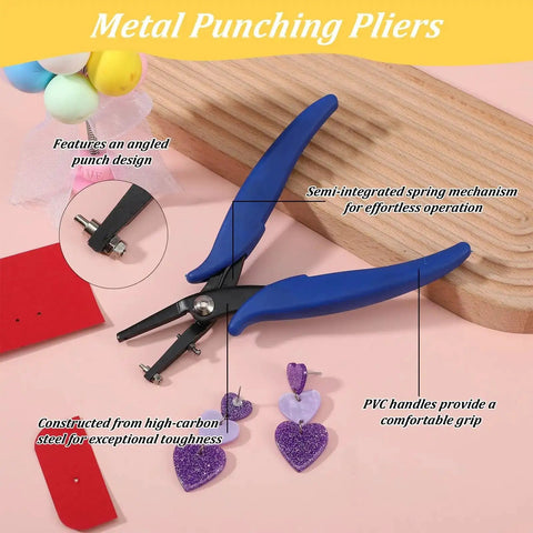 One Sixteenth Inch Round Hole Punch Pliers displayed with PVC grip and high-carbon steel, featuring a semi-integrated spring and punch design.