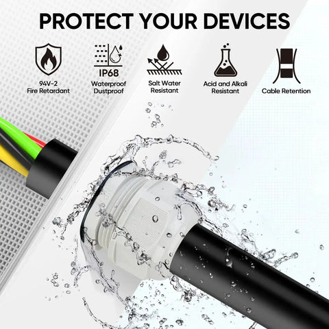 IP68 Waterproof Cable Gland Kit With Tough Nylon NPT Adjustable Connectors showing water resistance and protective features.