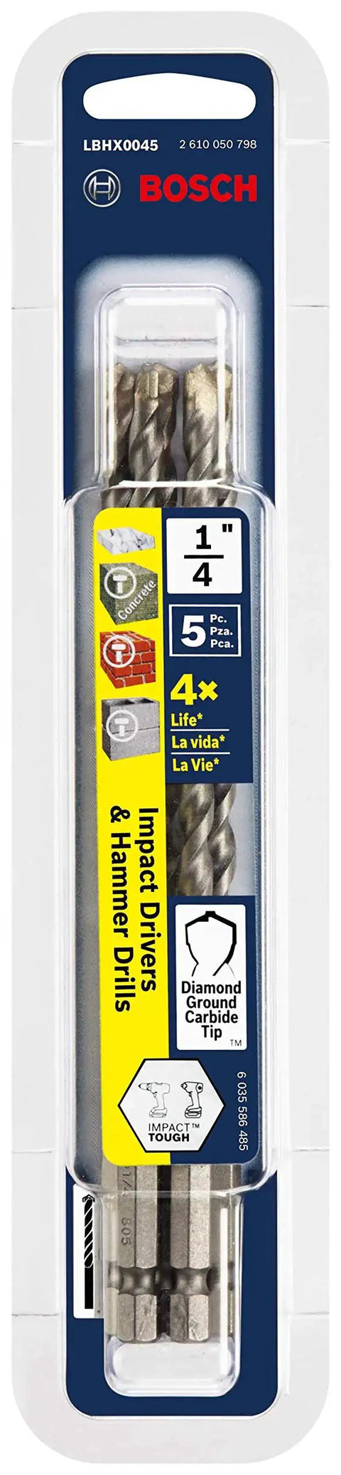 Hex Shank Masonry Drill Bit Set for Hammer Drills and Impact Drivers, 1/4 in x 6 in, 5 Pc LBHX0045, in Bosch packaging