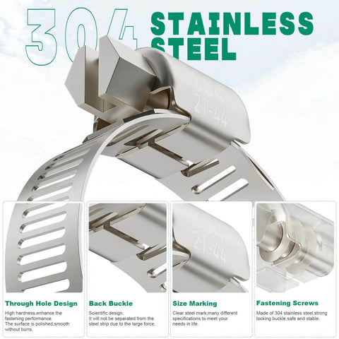 175 Pcs Stainless Steel Hose Clamp Kit With Eight Sizes From One Quarter Inch To Two Inches Adjustable Worm Gear Clamps Heavy Duty For Automotive Radiator Plumbing Fuel Lines Includes Socket Wrench And Screwdriver close-up of clamp design and features