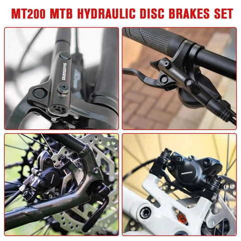 MT200 MTB hydraulic disc brake set; four views showing front lever, side lever, caliper, and installed brake on bike