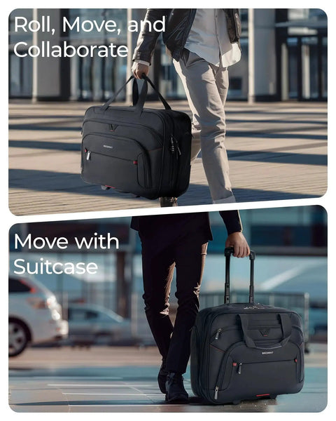 Person using a Rolling Laptop Bag With Wheels For 17.3 Inch Laptop, 40 Liter Capacity, and Telescoping Handle Up To 25.6 Inches.
