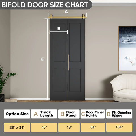 36 Inch By 84 Inch Bi Fold Barn Door Set With Two Panels And Brushed Gold Hardware Space Saving Interior Sliding Door For Closets Pantry Or Laundry Rooms Hollow Core Textured Black Finish Includes Hardware Kit Quiet Smooth Rollers No Brainer Easy Install showing front view with measurements chart