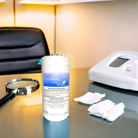 Hearing Aid Cleaning Towelettes Kit With 160 Wipes And Battery Keychain on a desk beside a magnifying glass and tissues