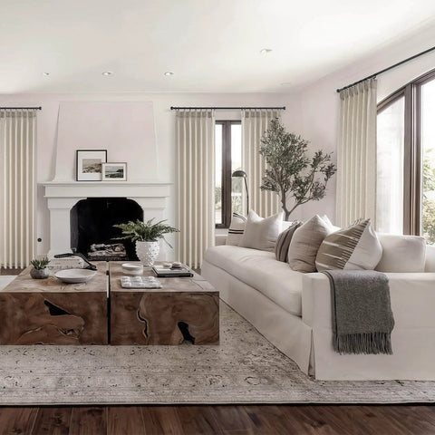 Living room with Pinch Pleated 78 Inch Curtains Two Panels For Living Room With Cozy Light Brown Linen Look Drapes For Track System Light Filtering Semi Sheer For Dining Bedroom And Office installed, sofa, and coffee table.