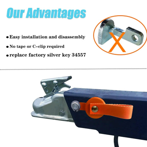 FUYEAR magnetic trailer surge brake lockout key with orange easy-release strap installed on trailer hitch